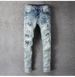 Men's Clothing High Street Fashion Brand Men's Clothing Trend Men's Slim Elastic Knee Hole Patch Jeans Skinny Pants_viptrois.com