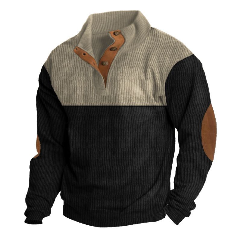 Men's Colorblock Corduroy Sweatshirt - Stand Collar Retro Heavyweight Pullover For Casual & Streetwear_viptrois.com