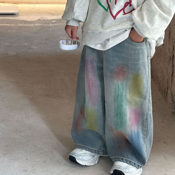 Autumn New Children's Jeans Korean Style Hand Painted Boys And Girls Fashionable Denim Trousers_viptrois.com