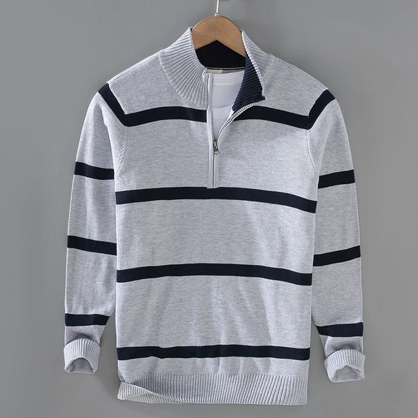 Men's Clothing Half Zip Collar Sweater Men's Autumn And Winter Trend Retro College Style Striped Contrast Color High Collar Sweater_viptrois.com