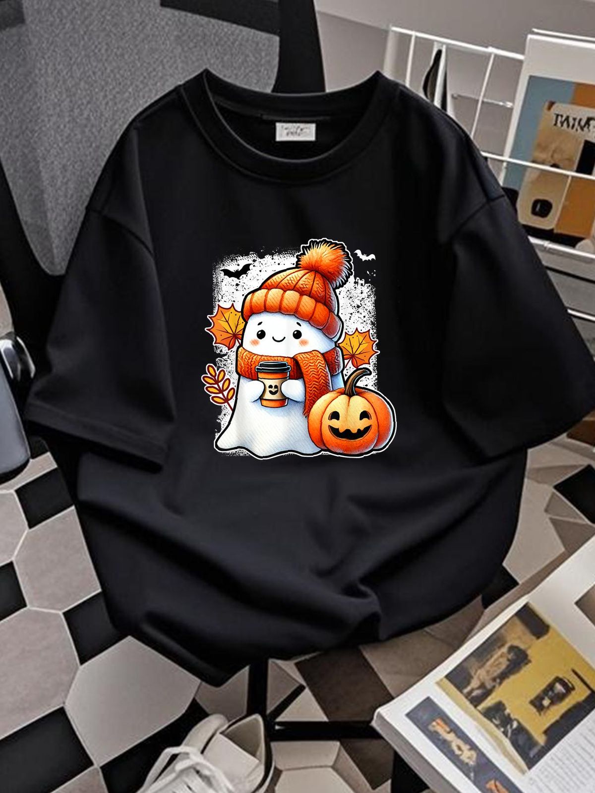 Cute Halloween Ghost Cozy Pumpkin Autumn Leaves T-Shirt Versatile Designer Clothes Women Summer Stylish Slightly Fashion Women Top Graphic Tees Graphic Soft Female Casual Stretched Streetwear T-Shirt For Women Casual Breathable Unisex_viptrois.com