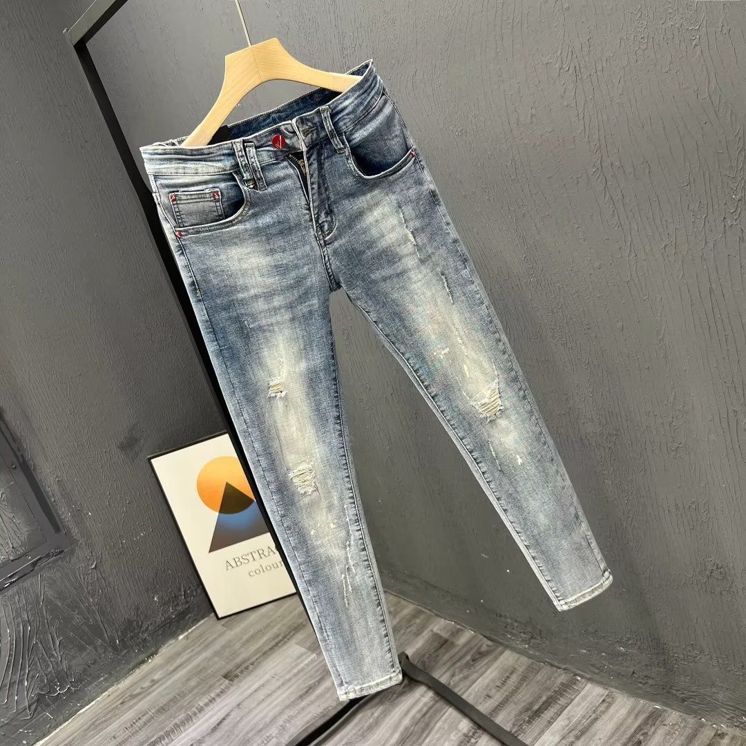 Men's Clothing Washed Blue Ripped Jeans Men's Autumn New Style Personality Scraped Slim Fit High Versatile Trousers_viptrois.com