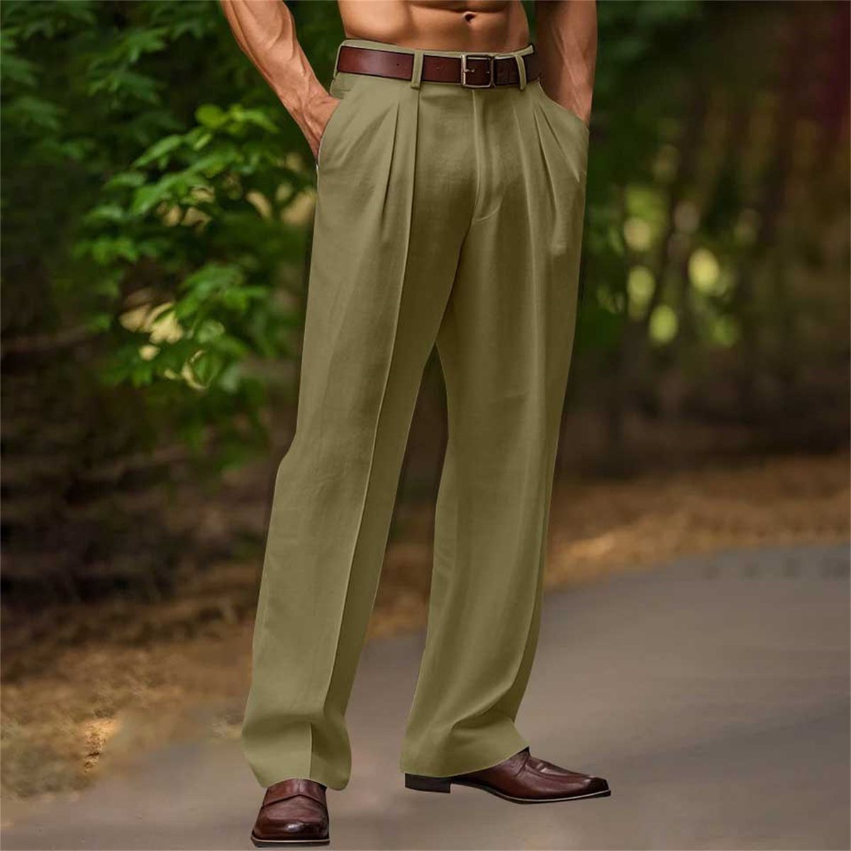 Men's Clothing New Linen Solid Color Outdoor Daily Leisure Breathable Loose Straight Trousers(Belt Not Included)_viptrois.com