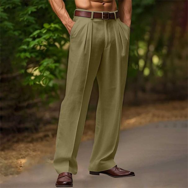 Men's Clothing New Linen Solid Color Outdoor Daily Leisure Breathable Loose Straight Trousers(Belt Not Included)_viptrois.com