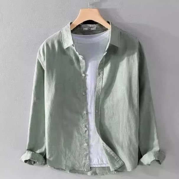 Square Collar Versatile Long Sleeved Shirt Men's Loose Shirt Youth Business Casual Solid Color Top Coat_viptrois.com