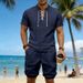 Men's Summer Linen Shorts Set Trendy Casual Loose Fitting Drawstring Stand Collar Short Sleeved Breathable European American Style_viptrois.com