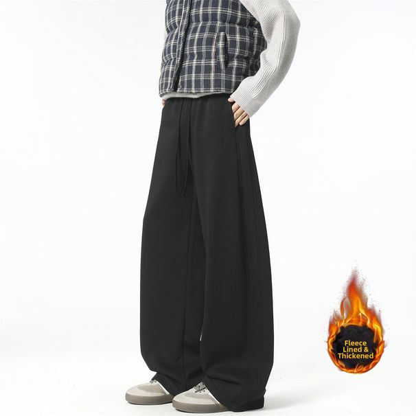 Men's Black Curved Sweatpants American Style Fleece Lined Straight Wide Leg Pants Trendy Loose Fit Sporty Casual Long Autumn Winter_viptrois.com