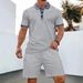Men's Waffle Knit Short Sleeve Shirt & Shorts Set - Lapel Collar With Zipper Detail, Solid Color Casual Outfit_viptrois.com