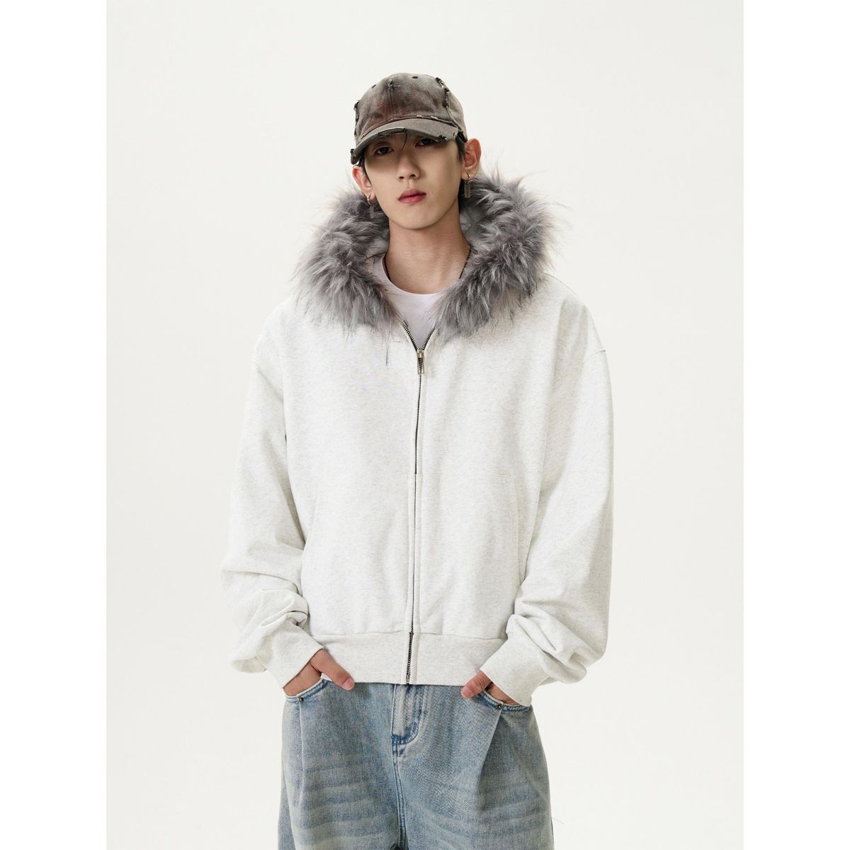 Men's Clothing American Retro Fur Collar Zipper Cardigan Hooded Sweatshirt Men And Women Short Cleanfit Solid Color Jacket_viptrois.com