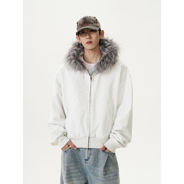 Men's Clothing American Retro Fur Collar Zipper Cardigan Hooded Sweatshirt Men And Women Short Cleanfit Solid Color Jacket_viptrois.com