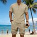 Men's Summer Linen Shorts Set Trendy Casual Loose Fitting Drawstring Stand Collar Short Sleeved Breathable European American Style_viptrois.com