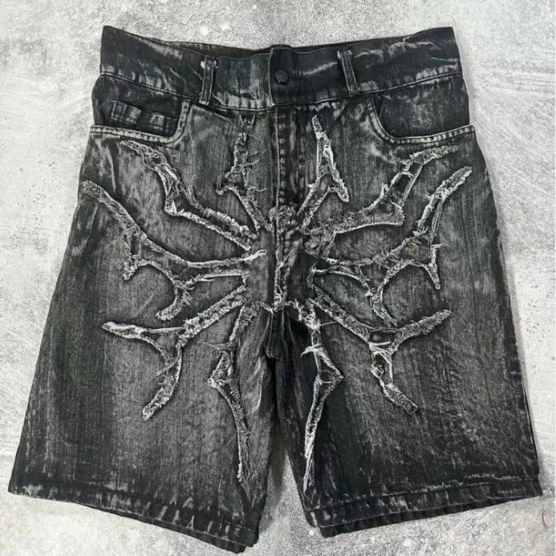 Men's Clothing Retro High Street Washed Jeans Shorts Pocket Embroidery Loose Casual Shorts_viptrois.com