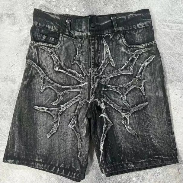 Men's Clothing Retro High Street Washed Jeans Shorts Pocket Embroidery Loose Casual Shorts_viptrois.com