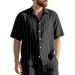 Men's Summer Linen Jacquard Shirt Vertical Stripe Collared Button Down Loose Breathable Casual Short Sleeved_viptrois.com