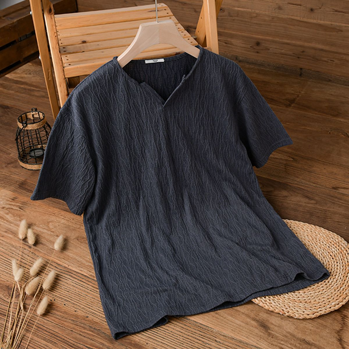 Men's Clothing Men's Summer Retro Minimalist V Neck T-Shirt Short Sleeve Artistic Loose Fit Plus Size Solid Color Versatile Top_viptrois.com