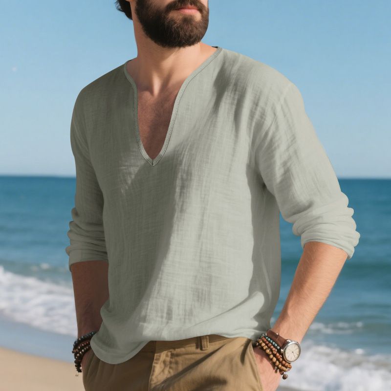 Men's Relaxed Fit Linen V-Neck Tee - Breathable Long Sleeve Shirt For Autumn (7 Colors, M-XXXL)_viptrois.com