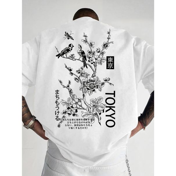 Camiseta Casual Hombre Con Estampado Floral Y De Aves Poliéster Transpirable, Cuello Redondo, Manga Corta - Perfecta_viptrois.com