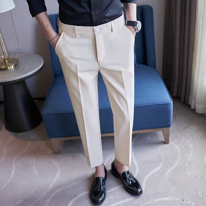 Men's Clothing Slim Fit Skinny Trousers Men's Autumn White Nine Point Trousers Non Iron Anti Wrinkle Business Formal Straight Casual Pants_viptrois.com