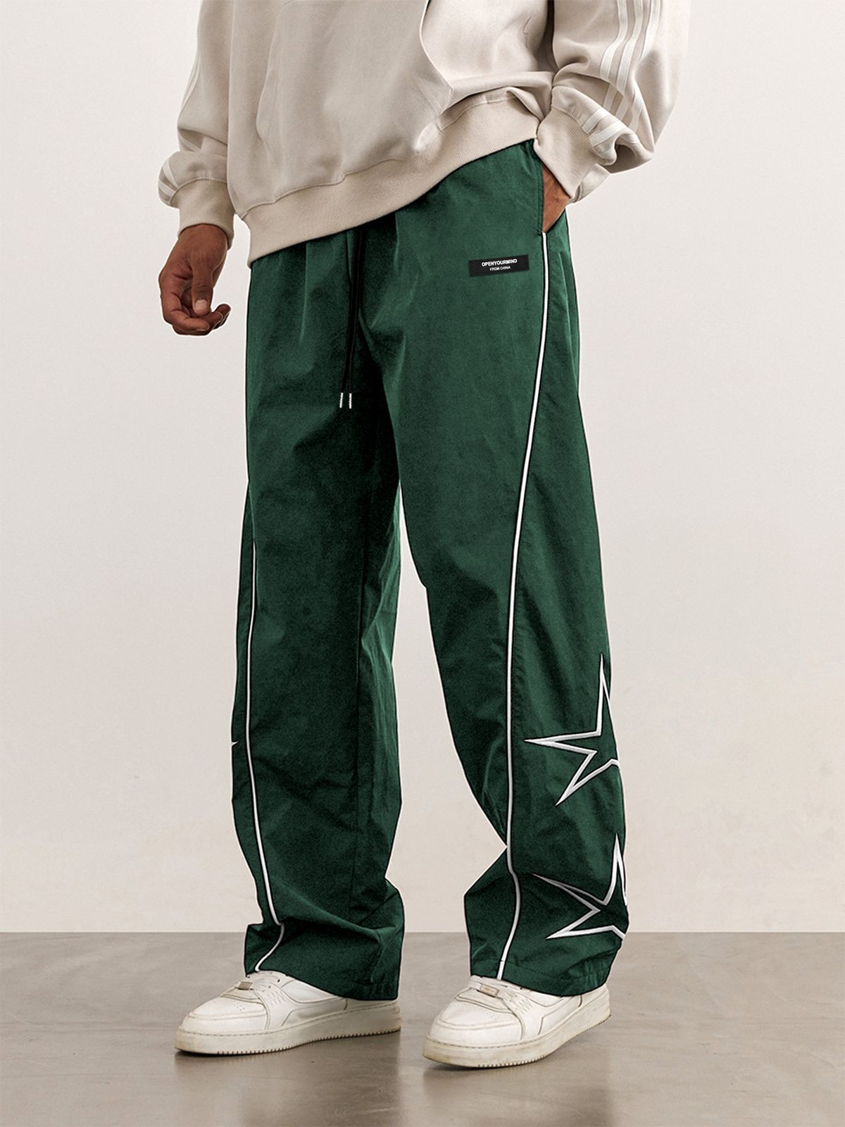 Men's Embroidered Casual Pants – Loose Fit Straight Leg Trousers With Drawstring Waist (Navy/Charcoal) | Retro Streetwear & Athleisure Style_viptrois.com