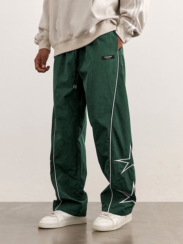 Men's Embroidered Casual Pants – Loose Fit Straight Leg Trousers With Drawstring Waist (Navy/Charcoal) | Retro Streetwear & Athleisure Style_viptrois.com