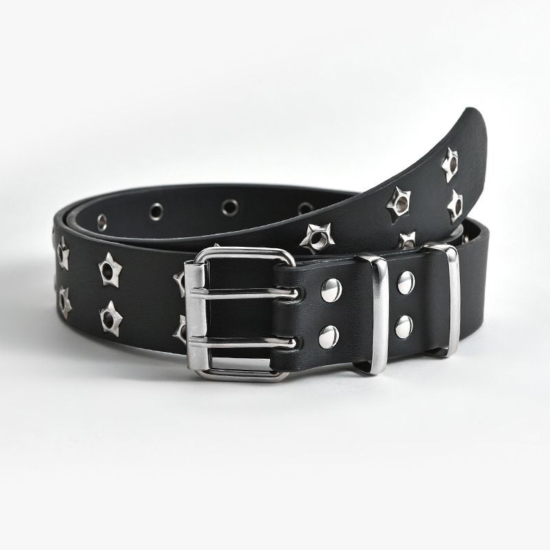 Star Multi-hole American Style Wide For Women And Men 2024 New Design Jeans With Sense Of Niche Y2K White Belt_viptrois.com