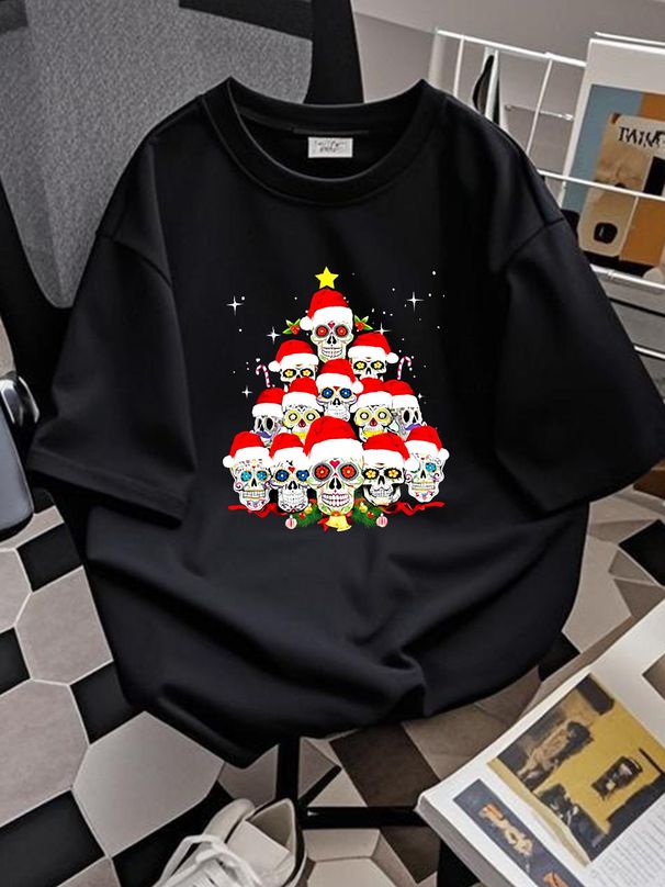Christmas Sugar Skull On Tree Funny Santa Sugar Skull Xmas T-Shirt Stylish Casual Top For Everyday Wear Stretched Slightly Fashion Graphic Soft_viptrois.com
