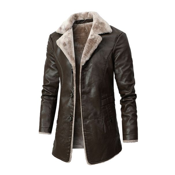 Men's Faux Leather & Fur Long Coat Winter Jacket With Fleece Lining, Notch Lapel, Single-Breasted Blazer, Business Casual Outerwear For Fall & Winter_viptrois.com