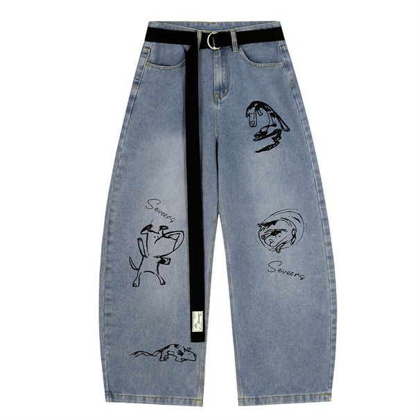Cartoon Pattern Printed Scimitar Jeans Men's Loose Fit With Belt High Street Trendy Brand Ins Wide Leg Long Pants_viptrois.com