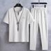Men's Clothing Short Sleeved Ice Silk Linen Suit Men's Summer Large Size Loose Mid Sleeve T Shirt Cotton And Linen Dad Two Piece Suit_viptrois.com