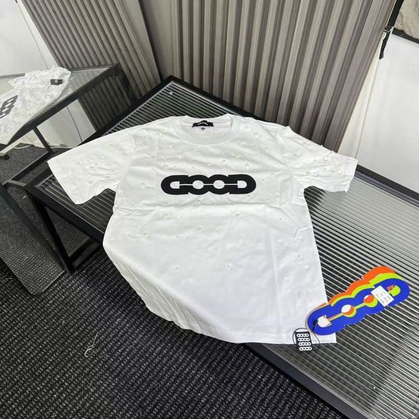 Trendy Summer Pure Cotton Loose Starry Pearl Embroidery Light Luxury Hip-Hop High Street Fashion Brand Short Sleeve_viptrois.com