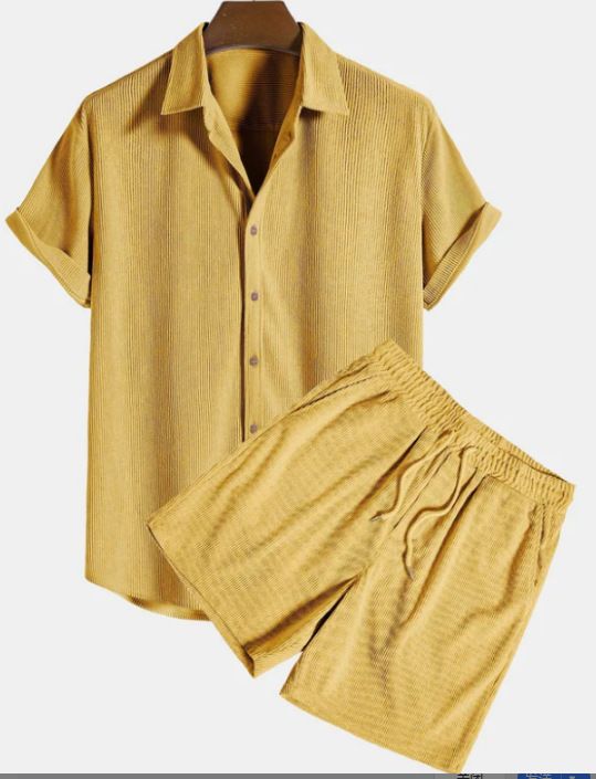 Men's Clothing Casual Loose Multicolor Beach Wear Corduroy Short Sleeve Suit Two Piece Set_viptrois.com
