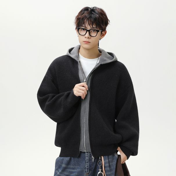 Monochrome Man-Deer Fur Plush Two-Piece Cardigan Hooded For Men Autumn Winter Couple Loose Lazy Retro Knitted Sweater_viptrois.com