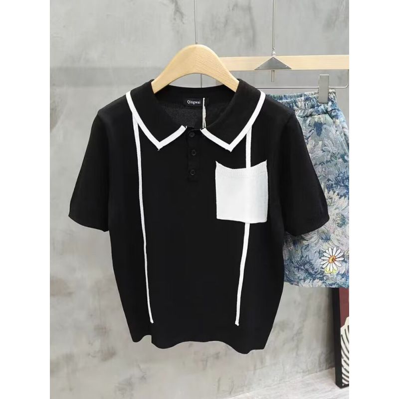 Men's Summer Striped Polo Shirt Versatile Cool Ice Silk Short Sleeved Trendy Brand Simple Round Neck T Shirt_viptrois.com