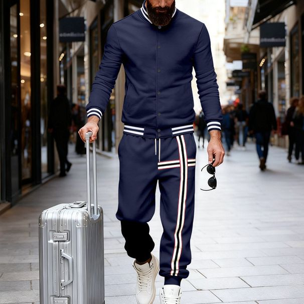 Men's Fleece-Lined Baseball Jacket & Pants Set - Winter Outdoor Casual Sportswear For Urban Commuting (Black, Navy, Grey, Grey/White Sleeves)_viptrois.com