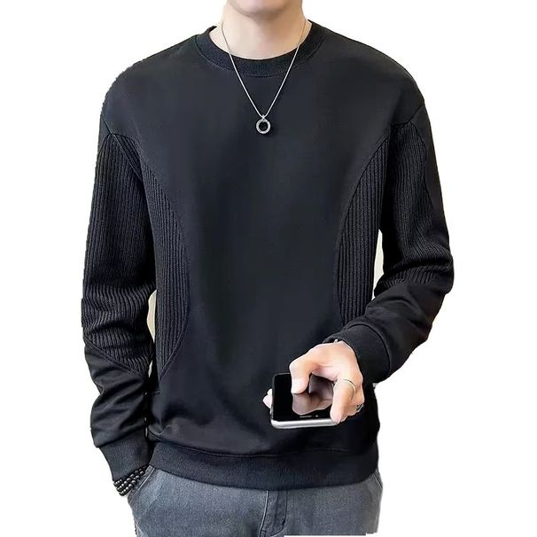 Men's Minimalist Crewneck Sweatshirt – Korean Streetwear Essential With Contrast Paneling & Velvet Touch (Casual Chic Pullover)_viptrois.com