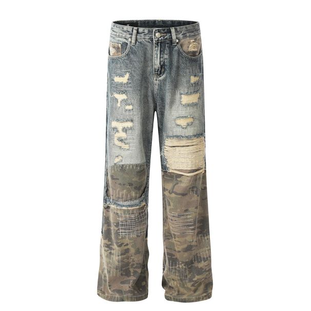 Heavy Industry Wasteland Camouflage Patchwork Ripped Straight-Leg Jeans For Men Trendy Stitching Messy Needle Destroyed_viptrois.com