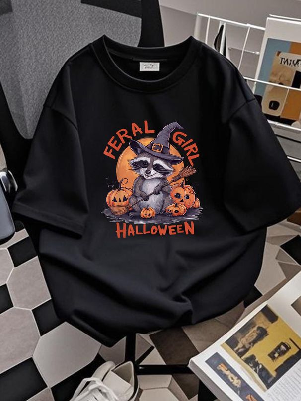 Feral Girl Halloween Spooky Witch Funny Raccoon Pumpkin T-Shirt Fashion Stylish Stretched Versatile Print Round Neck Short Sleeve Breathable Graphic Female T-Shirt For Women Casual Unisex Women Streetwear Casual Slightly Comfortable Designer Clothes_viptrois.com
