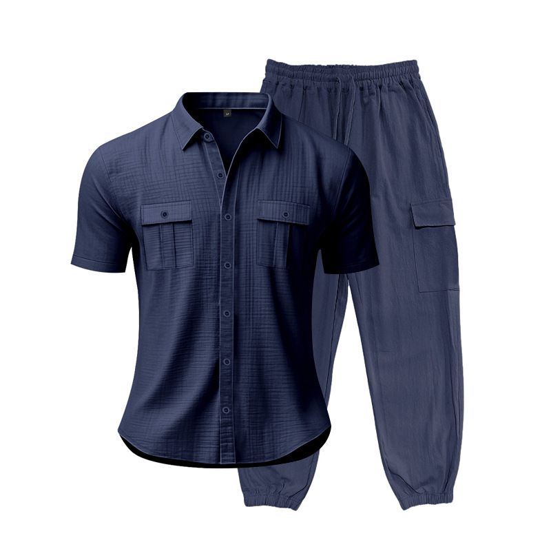Men's Loose High End Hip Hop Workwear Sports Casual Trousers Linen Beach Short Sleeved Shirt Suit_viptrois.com