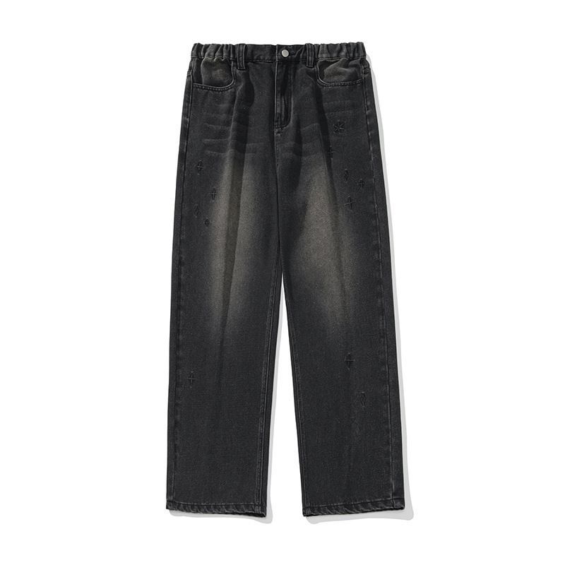 Men's Clothing Distressed Washed Jeans Spring Style Japanese Loose Texture Embroidered Straight Trousers Semi Elastic Trendy Brand Pants Q_viptrois.com