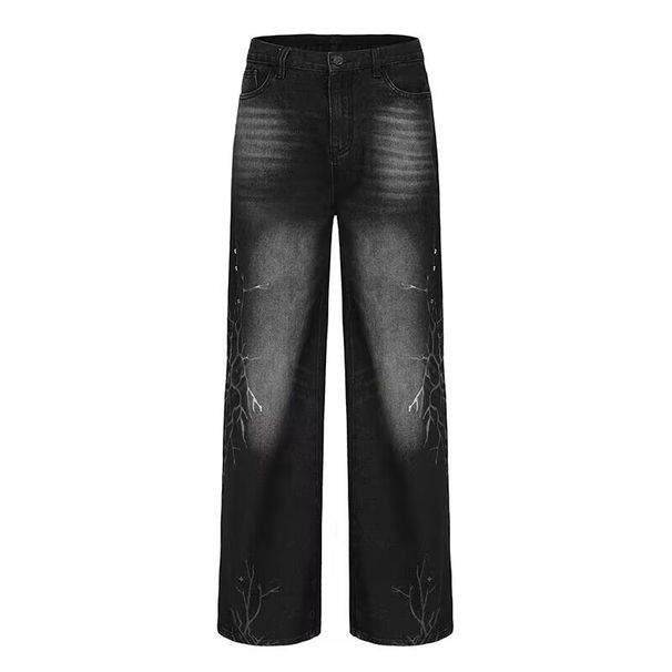 Men's Clothing High Street Retro Rhizome Print Wide Leg Jeans Washed And Distressed Loose And Versatile Straight Leg Floor Length Trousers Trend_viptrois.com