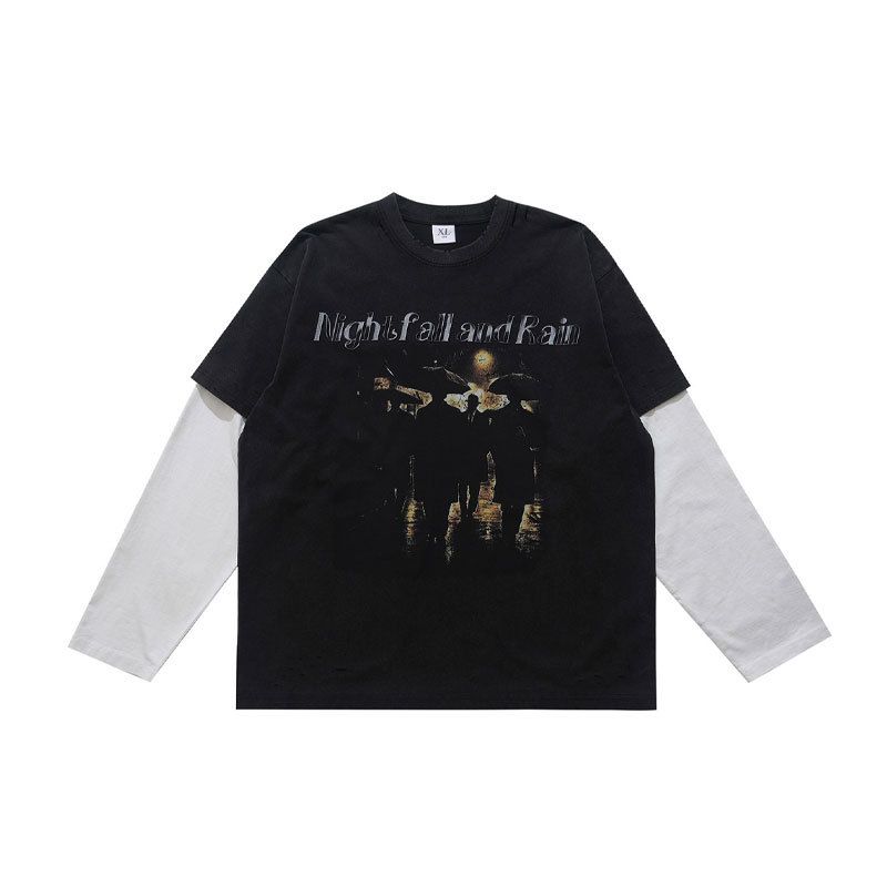 American-style Washed Faux Two-piece Printed Distressed 300g T-shirt For Men, Loose Casual Long-sleeve Vintage_viptrois.com