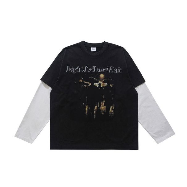 American-style Washed Faux Two-piece Printed Distressed 300g T-shirt For Men, Loose Casual Long-sleeve Vintage_viptrois.com