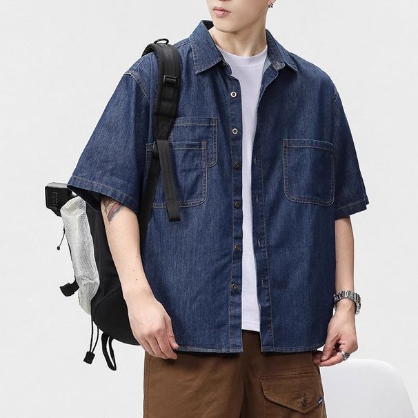 Men's Clothing Retro Solid Color Lapel Buttoned Short Sleeved Denim Shirt Neutral Washed Distressed Five Point Sleeve Loose Shirt_viptrois.com