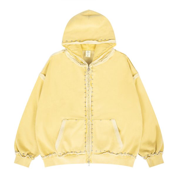 2026 Autumn Winter New Rivet Decorated Reverse Craft Solid Color Cardigan Fleece Lined Hooded_viptrois.com