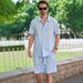 Men's Clothing Jacquard Short Sleeve Shirt & Shorts Set - Lightweight Summer Outfit, Casual Linen-Like Polyester, S-XXXL (Sky Blue/Pink/Black/White)_viptrois.com