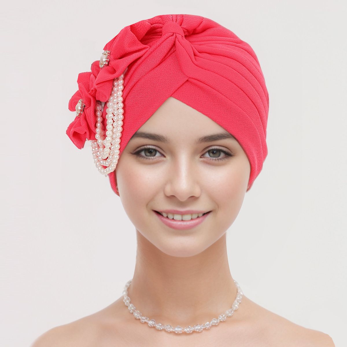 New Women's Flower Pearl Accessories Elegant Fashion Muslim Turban Hat Chemotherapy Hat Headscarf Hat_viptrois.com