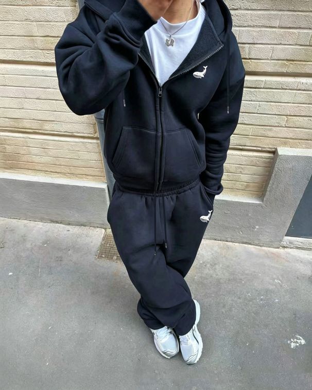 Men's Whale Print Hooded Zip Up Sweatshirt And Sweatpants Two Piece Set In Multiple Colors, Military Green, Casual High Street Sportswear_viptrois.com