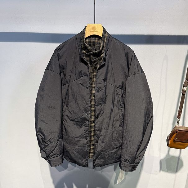 Trendy Personality Solid Color Stand Collar Plaid Patchwork Workwear American Casual White Duck Down Jacket For Men_viptrois.com