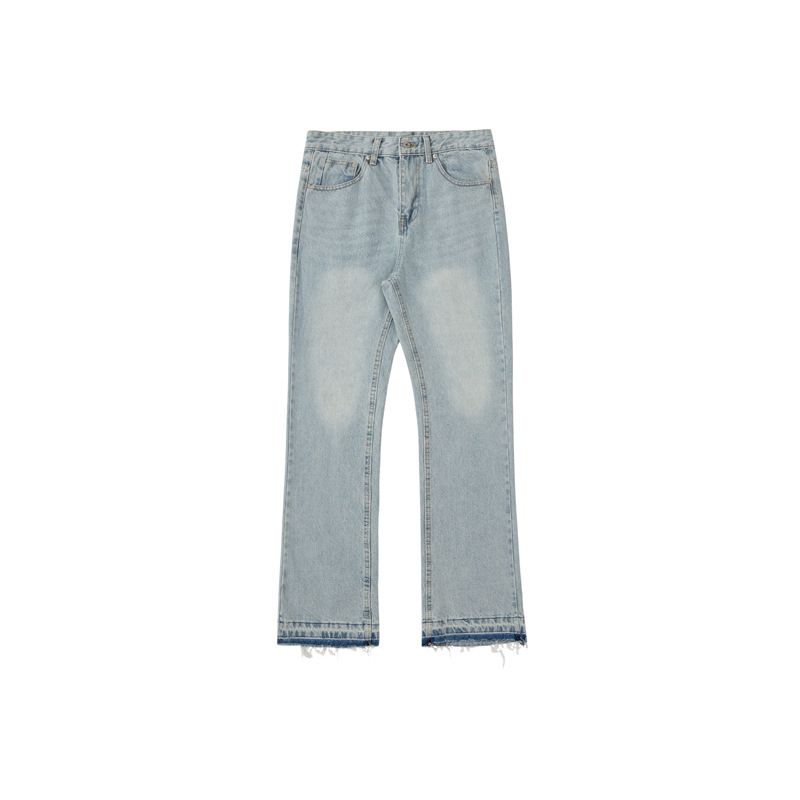 Men's Clothing Blue Hem Tassel Jeans High Street Washed Retro Flared Cleanfit Pants_viptrois.com