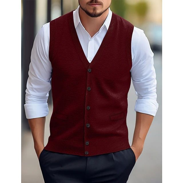 Men's Slim Fit Wool Blend Vest, Casual Sleeveless Knit Cardigan For All Seasons, V-Neck Double Breasted Waistcoat In Solid Colors_viptrois.com